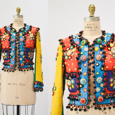 RVintage 90s Moschino Leather Jacket Gold Metallic 1991 Spring Summer Moschino Studded Leather Jacket Red Blue Green Yellow Made in ITaly 