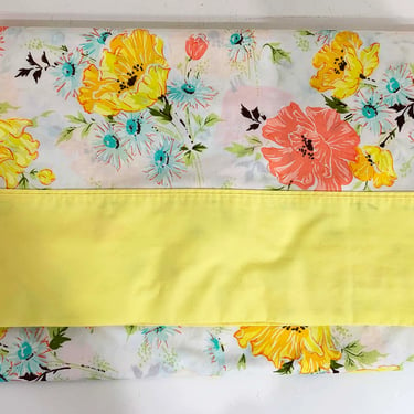 Vintage Floral Flat Sheet Cotton Polyester Full Double Muslin Pink Yellow Blue Green Ivory Cream Cottage Country Farmhouse Decor MCM 1950s 