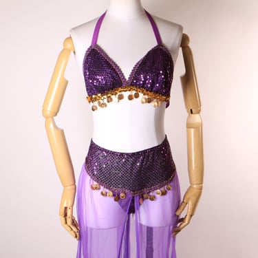 1980s 1990s Purple & Gold Metal Coin Bikini Top with Matching Sheer Sequin Genie Belly Dancer Two Piece Lingerie Costume by Secret Treasures 