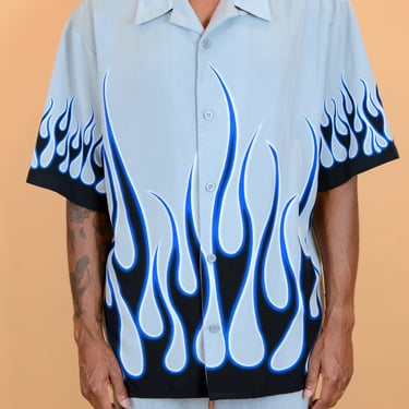 Vintage Y2K Blue Flame Fire Print Short Sleeve Button Down Collar Shirt | XL XXL 2XL 90s 2000s 