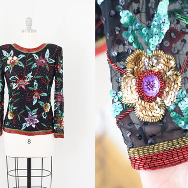 Vintage 1990s Silk + Sequin "Poinsettia" Blouse | S/M | 1980s/90s Black Silk Blouse with Sequin and Bead Flowers 