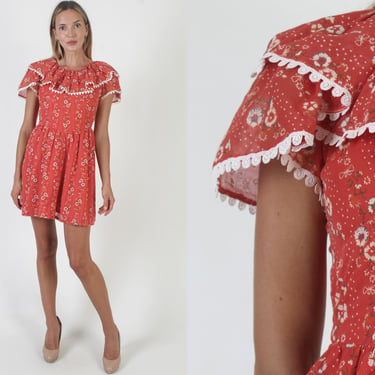 Red Swiss Floral Mini Dress / White Polka Dot Print / Vintage 70s Ditsy Capelet Frock 