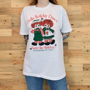 Vintage Raggedy Ann & Andy Dolls Holiday Dance "Under the Mistletoe" Holiday Tee Shirt T-Shirt 