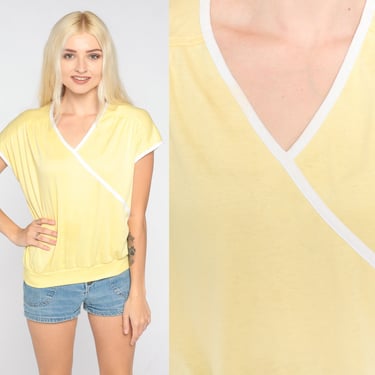 Yellow Top 80s V Neck Shirt Slouchy Banded Hem Cap Sleeve Retro Solid Simple Plain Basic T-Shirt Casual Athleisure Tee Vintage 1980s Large L 