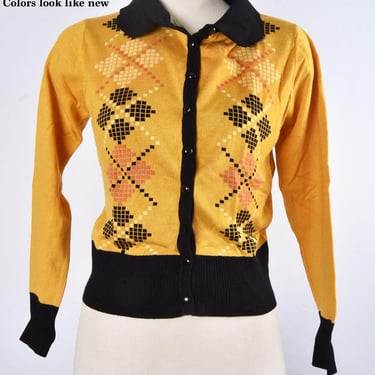 Yellow Gold Argyle Cardigan Sweater by Voodoo Vixen Pinup Rockabilly Vintage Top, Shirt, Knit Blouse MEDIUM 