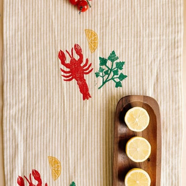 hand block printed table runner. lobster on mustard stripe. boho decor. linen tablecloth. birthday or dinner party decor. 