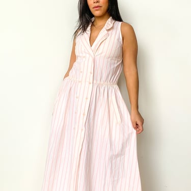 80s Pink Pinstripe Collared Dress, sz. L/XL