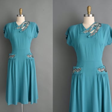 vintage 1940s Rayon Silver Sequin Iridescent Dress | Medium 