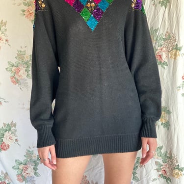 Holiday Party Sweater / Christmas Sweater / Sequin Harlequin Check Sweater / Oversized Knit Wear / Long Knit Shirt 
