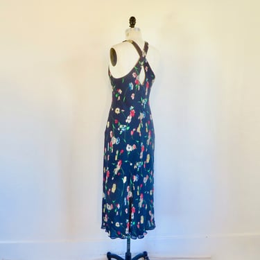 1990's Navy Blue Bias Cut Floral Silk Long Maxi Dress Cross Back Straps 1920's Style Flapper Spring Summer Ralph Lauren Size 8 