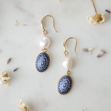 baroque freshwater pearl earrings, cobalt blue mosaic earrings, gold drop earrings, gift for her, statement earrings 