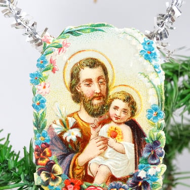 Early 1900's German Victorian Die Cut Scrap and Tinsel Christmas Ornament,  Jesus Christ with Joseph, Antique Chrololithograph 