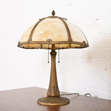 Antique Art Nouveau Bronze and Slag Glass Table Lamp in the Manner of Handel, Circa 1920s