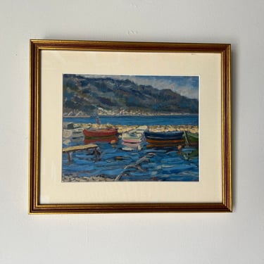 80's Vintage Expressionist - Style Coastal Oil Landscape Painting , Framed 