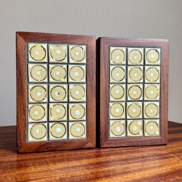 Pair Vintage Martz Marshall Studios Pottery Tile & Walnut Bookends MCM Modernism 