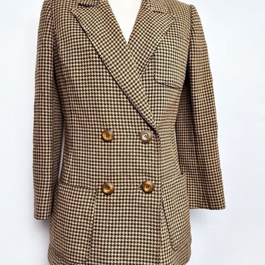 100% CASHMERE Blazer Jacket Double Breasted Classic Fitted Country Tweeds Houndstooth Suit Sport Coat Women's Vintage 1950's, 1960's 