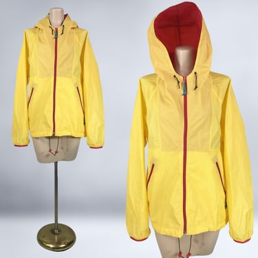 VINTAGE 90s Yellow Hooded Windbreaker Rain Jacket with Storage Pouch by Sierra Designs L | 1990s Gorpcore Travel Jacket | VFG 