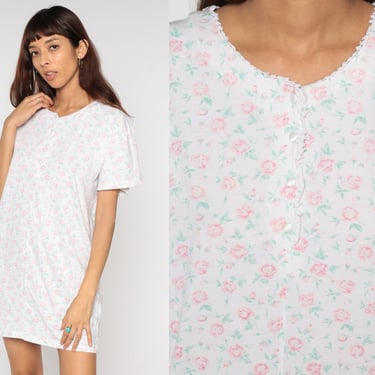Y2K Floral Nightgown Pajama Dress 00s Short Sleeve Nightie Mini Nightie Boho Tent Vintage Button Up Pajamas 2000s Shabby Chic Cotton Medium 