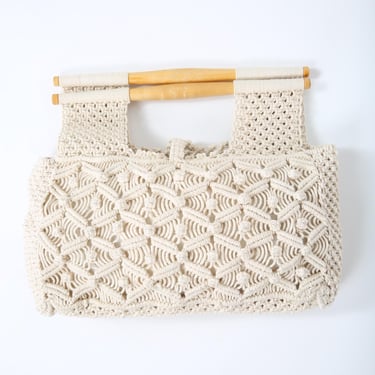 70s Vintage Macrame Purse Bag with Wood Handle Retro Summer 