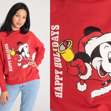 Mickey Mouse Christmas Sweatshirt 80s 90s Disney Sweater HAPPY HOLIDAYS Cartoon Graphic Print 1980s Vintage Red Xmas Retro Medium Large 