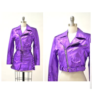 Vintage Leather Motorcycle Jacket in Metallic Purple Size XS Small by L.A Roxx// 90s Metallic Purple Leather Jacket Biker LA ROXX Jacket 
