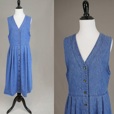 90s Blue Denim Jean Dress - Sleeveless Summer Jumper Dress - Pleated Waist - Button Front - Koret City Blues - Vintage 1990s - S 
