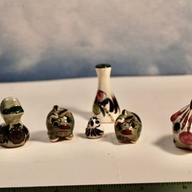 Six Vintage Authentic Mexican Tonala Folk Art Pottery Mini Animals and Vase Each Marked Mexico 3 Pigs 1 Duck One Bird One Tall Vase 
