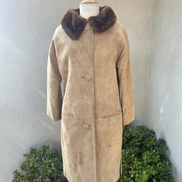 Vintage 60s tan suede leather coat with mink fur collar Small medium 