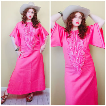 1970s Vintage Pink Phillipines Ramie / Tetoron Caftan Dress / 70s Cotton Embroidered Paisley Maxi Dress / Size Medium- Large 