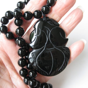 Large Black Onyx Necklace with Carved Fruit Pendant, Knotted Bead Necklace, Carved Stone Jewelry, Estate Jewelry, Asian Style, Gift for Her 