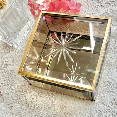 Smoky Glass Trinket Box, Jewelry Box, Starburst Design, Hinged Lid, Gold Tone Frame, Hollywood Regency, Mid Century Vintage 