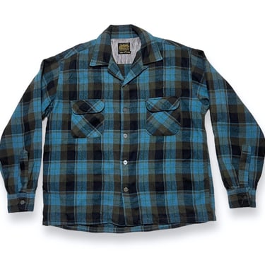 Vintage SEARS Wool Flannel Board Shirt ~ size L ~ Loop Collar / Flap Pockets ~ Shadow Plaid 