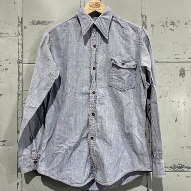 M 70’s Chambray button up shirt fruit of the loom workwear denim shirt size medium 