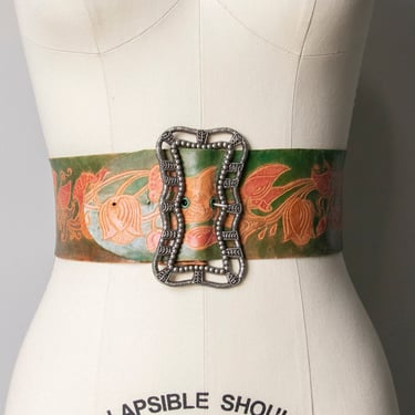 1970s Leather Belt Tooled Waist Cinch S 