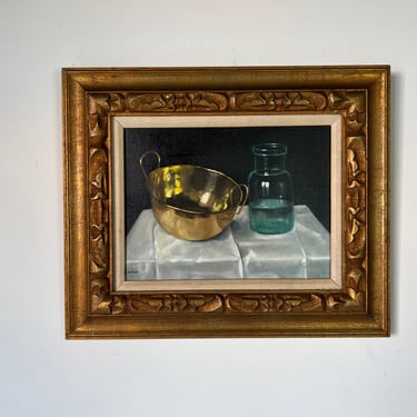 Andras Gombar Still Life - Copper and Glass Jar Oil on Canvas Painting 