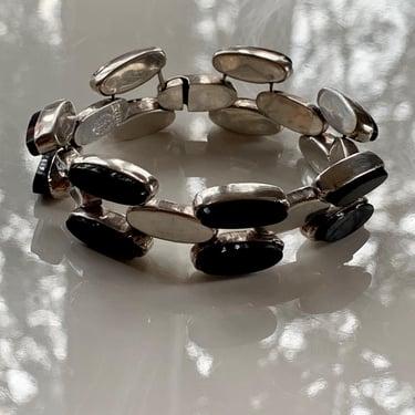 1950'S-60's  Black Onyx Bracelet - Sterling Silver - DEL RIO - Hand Crafted Hook Clasp - 7-1/2 Inches Long 