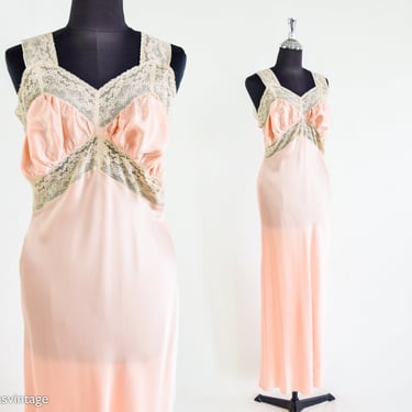 1930s Peach Long Nightgown | 30s Pale Peach Nightgown | 30s Pale Pink Lingerie | Small 
