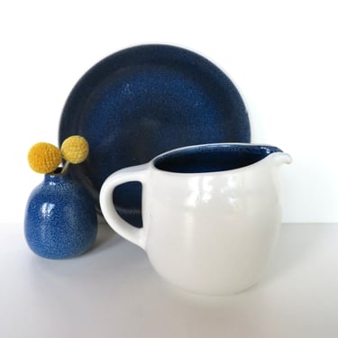 Heath Ceramics Creamer and Small Plate In Opal Moonstone, Edith Heath Blue Moonstone and Opaque White Dishes 