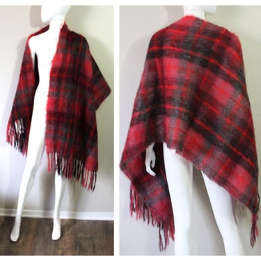 Vintage 1950's 60's Large Burgundy Plum Gray Plaid Mohair woven wool fringe Shawl Wrap cape Donegal // One Size 