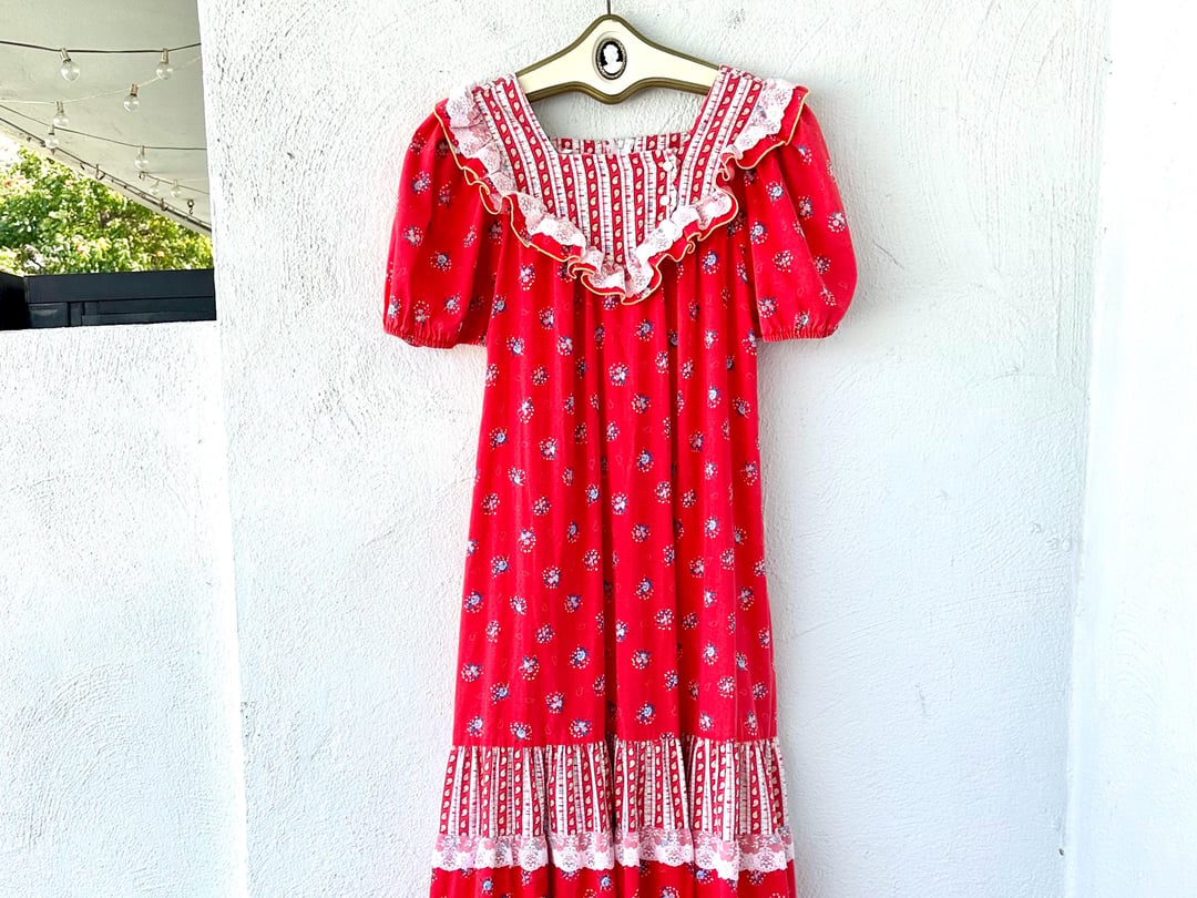 Vintage Hawaiian Dress Muumuu Prairie Red Floral Hawaii Lace Babydoll ...