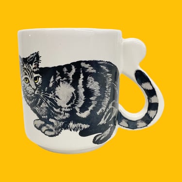 Vintage Cat Mug Retro 1980s Chadwick Miller + Black and Gray Tabby + White Porcelain + Coffee or Tea + Kitchen + Drinking + Cat Lover 