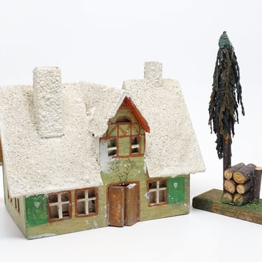 Antique  German Christmas House with Tree, Hand Made, Vintage Hand Painted Wood for Nativity Putz or Creche, Germany 