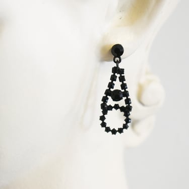 Vintage Black Rhinestone Dangle Pierced Earrings 