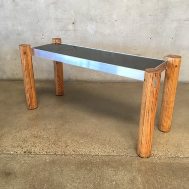Oak &amp; Stainless Steel Console Table with Smokey Glass Top