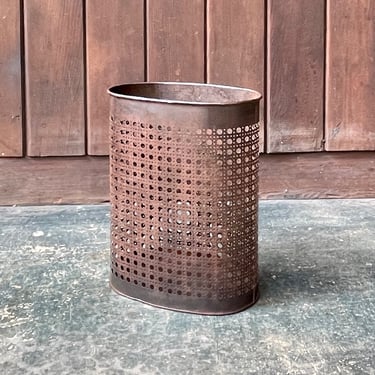 Mid-Century Metal Perforated Trash Can Pattern Faux Rattan Vintage Patina Industrial 
