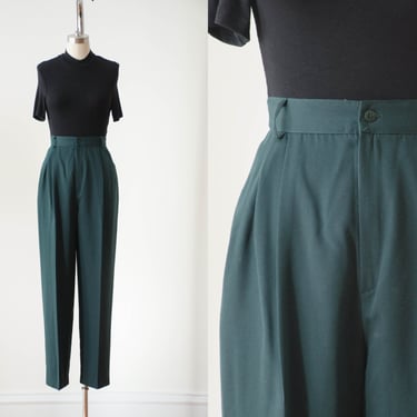 high waisted pants | 80s 90s vintage forest green dark academia style pleated trousers 