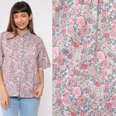 Floral Button up Shirt 90s Blouse Retro Short Sleeve Top Collared Wildflower Dahlia Rose Print Boho Summer Hippie Cotton Vintage 1990s Small 