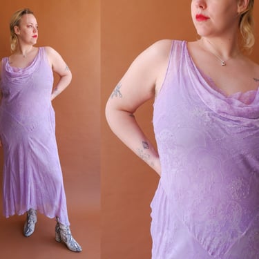 Vintage Lavender Silk Bias Cut Beaded and Draped Dress/ Size XXL 