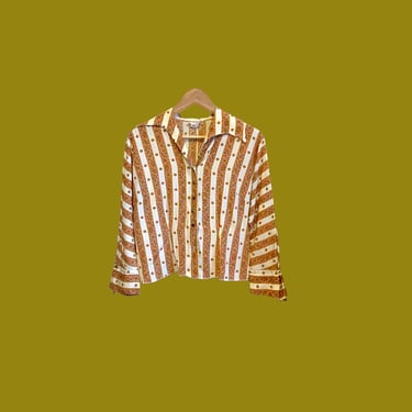 60s Striped Blouse, Vintage Retro Collared Shirt, Off White Fall Tone Print Bohemian Boho Retro Loose Fit Button Up Blouse 