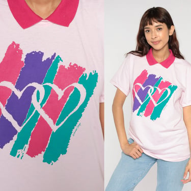 90s Heart Tshirt Baby Pink Collared Tee Pastel Heart Print T Shirt Retro Preppy Girly Cute Collar Kawaii Love T-Shirt 1990s Vintage Medium 